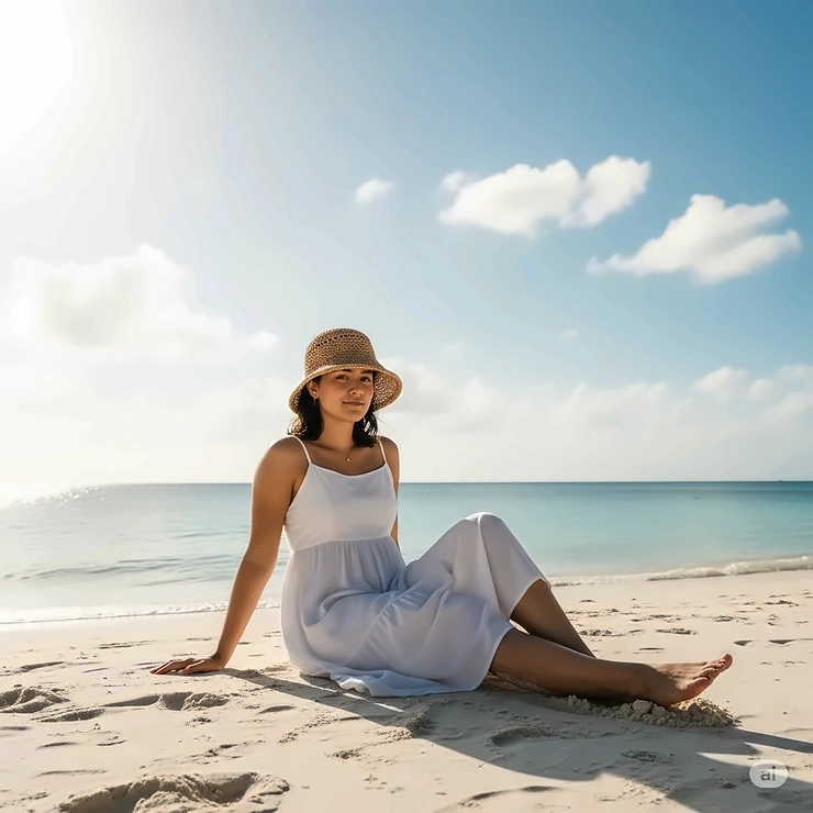 A person relaxing on a sandy beach, protected from the sun by a woven short brim bucket hat.
