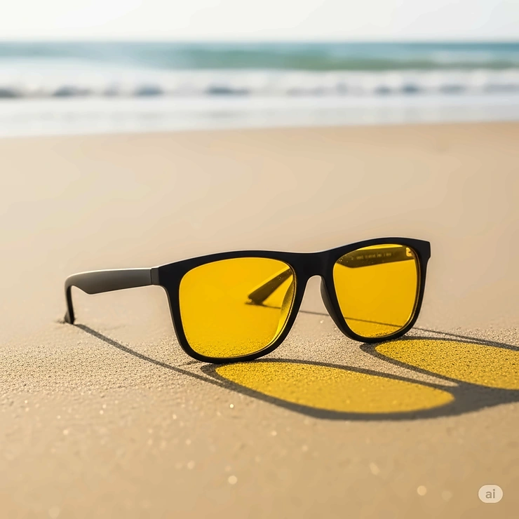Pair of trendy yellow tint sunglasses resting on a sandy beach, evoking a relaxed, sunny vacation feel.