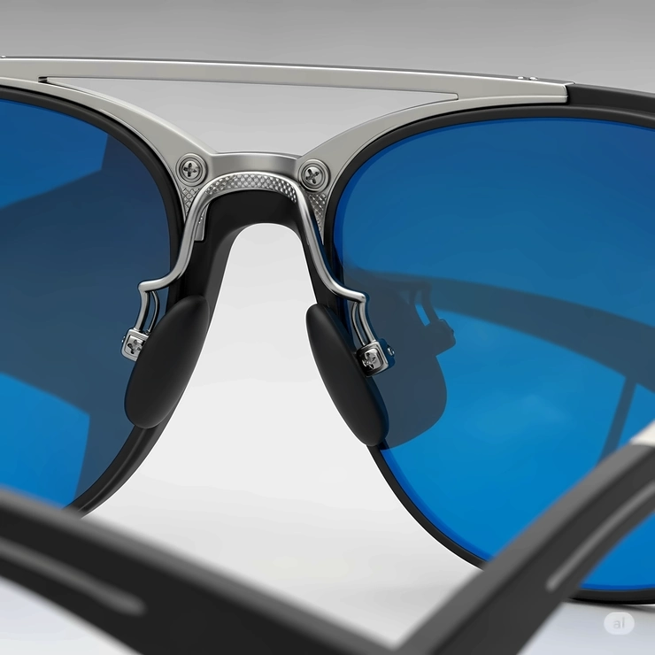 Detailed view of blue colored lens sunglasses, highlighting the quality and design of the frame material.