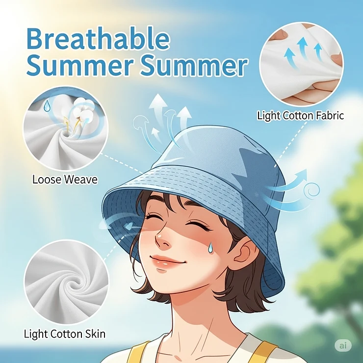 An illustration highlighting the breathable fabric of a cotton bucket hat, emphasizing its comfort for wearing in the summer heat.