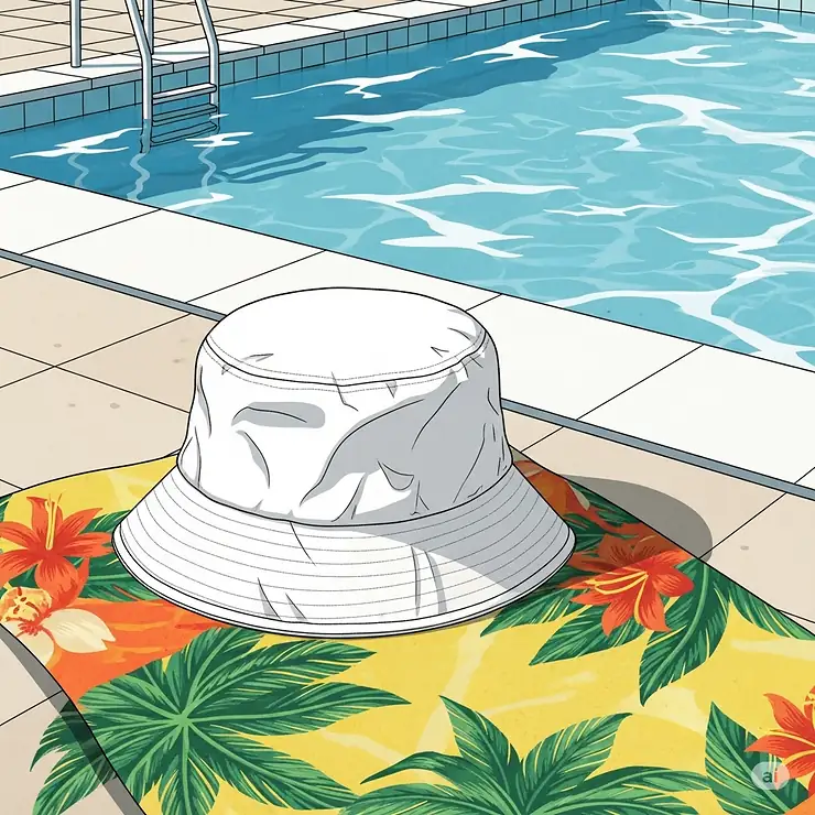An illustration depicting a classic white bucket hat resting on a beach towel next to a swimming pool, ready for summer vacation.
