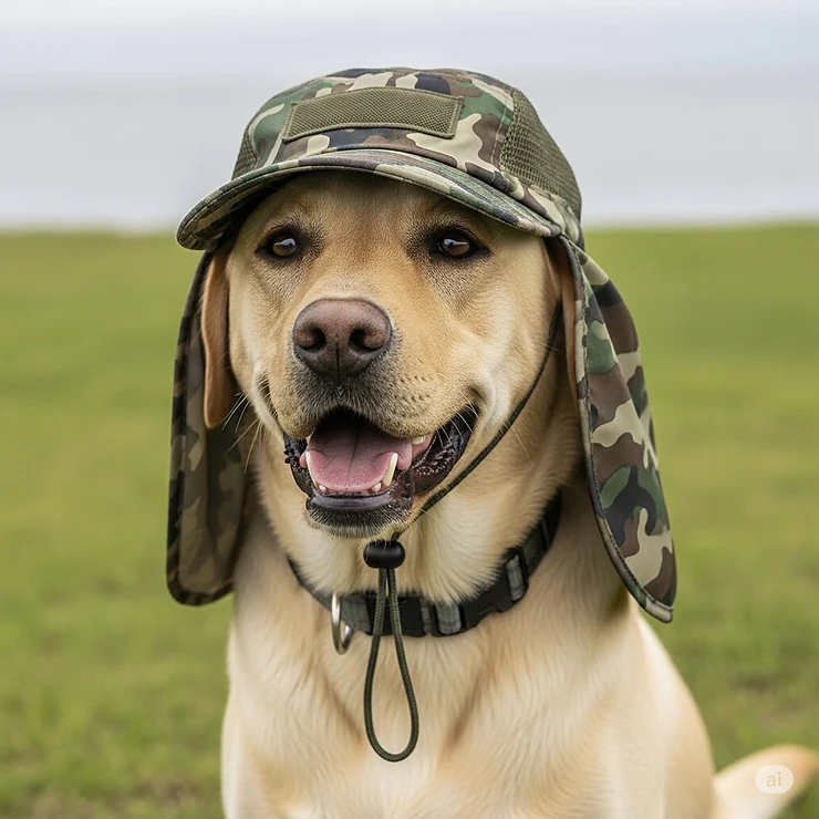 A Labrador Retriever models a camouflage fishing hat for dogs, showcasing a rugged and practical style for outdoor adventures.