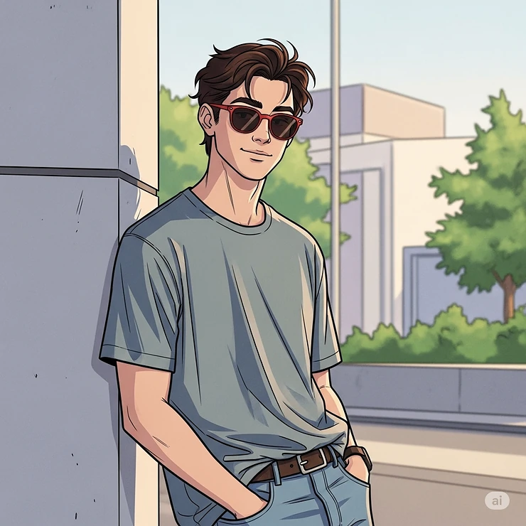 Digital drawing of a man in casual attire, accessorizing with trendy red sunglasses for a relaxed look.