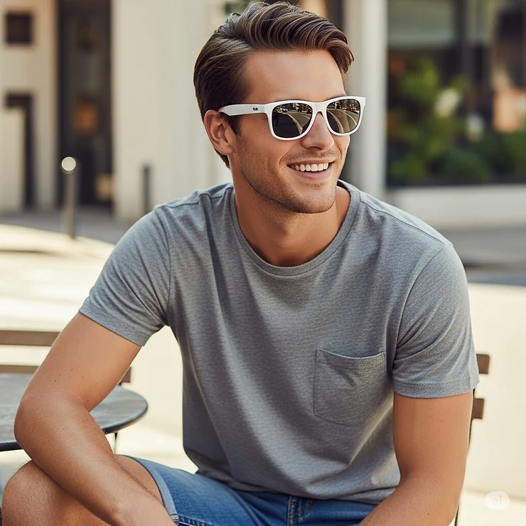 Relaxed man wearing casual white sunglasses, suitable for everyday wear and weekend outings.