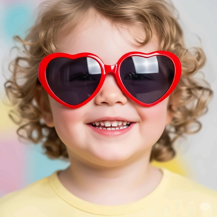 Adorable child happily wearing oversized red heart sunglasses, looking playful and cute.