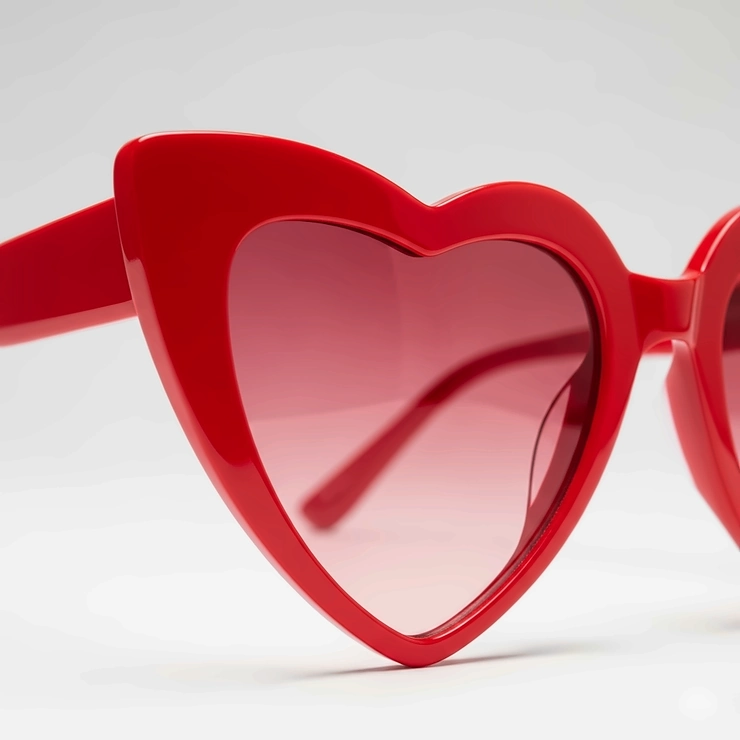 Close-up view of trendy red heart sunglasses, showcasing their unique frame and lens.