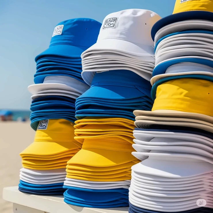 Stack of various colorful lifeguard hats including blue, yellow, and white, offering diverse options for beachgoers.