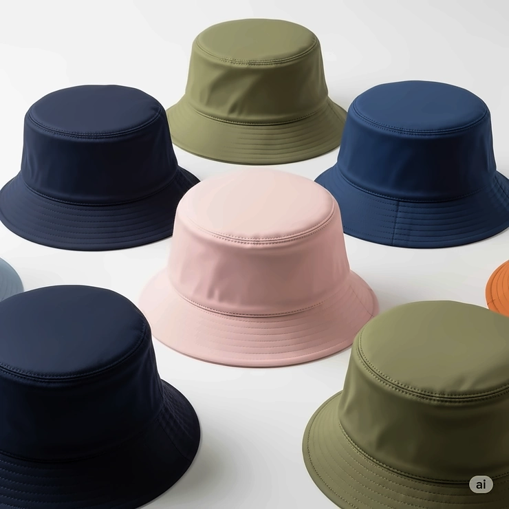 An array of vibrant short brim bucket hats in colors like pastel pink, navy blue, and olive green.