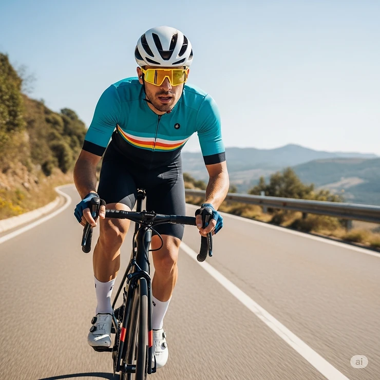 Cyclist wearing sporty yellow tint sunglasses for improved contrast and vision during a ride.