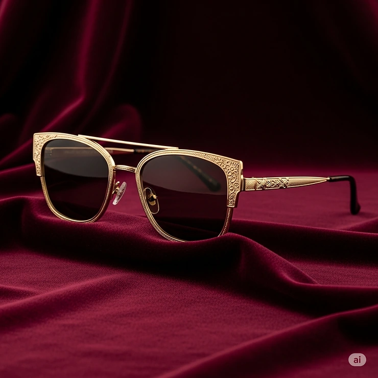 A high-end designer gold sunglasses frame on a plush velvet cloth, showcasing its premium quality and exclusive design.