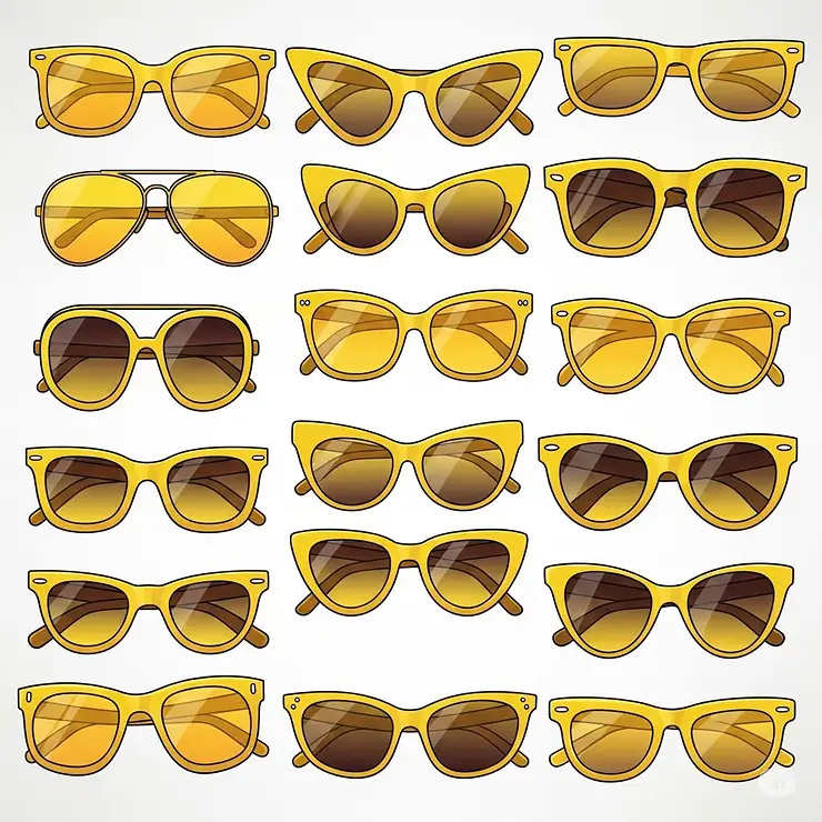 Illustration showing a collection of yellow sunglasses in various shades and styles, highlighting the diverse options available.