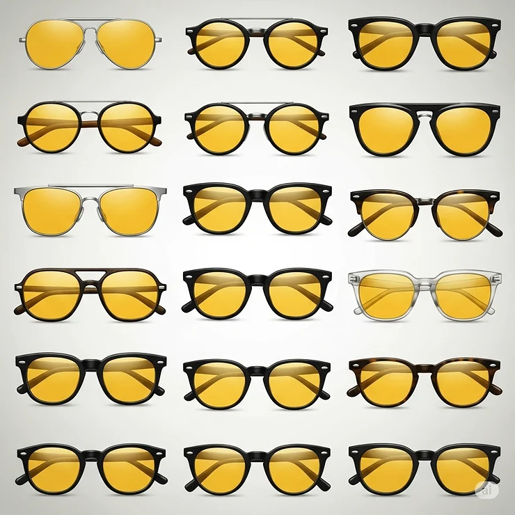 Assortment of different styles of yellow tinted sunglasses, showcasing variety in frames and shapes.
