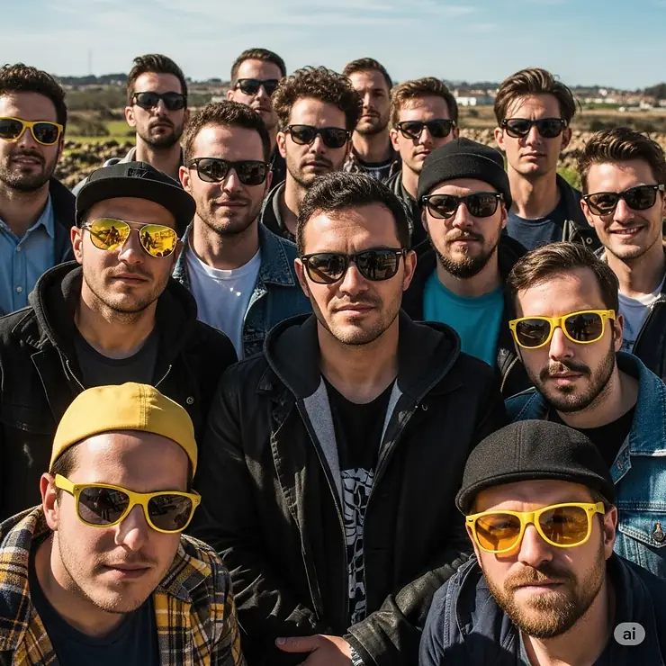 Diverse group of men confidently sporting different styles of mens yellow sunglasses, showcasing versatility.