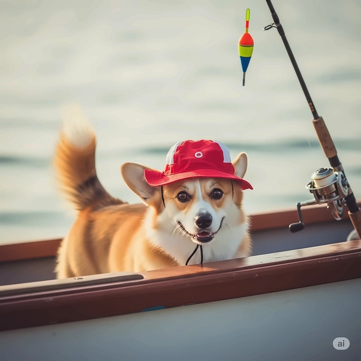 A cute Corgi in a red fishing hat for dogs peeks over the side of a boat, with a fishing rod visible in the background.