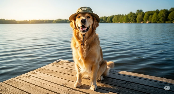 A happy Golden Retriever wearing a khaki fishing hat for dogs sits on a wooden dock by a calm lake, ready for a day of adventure.