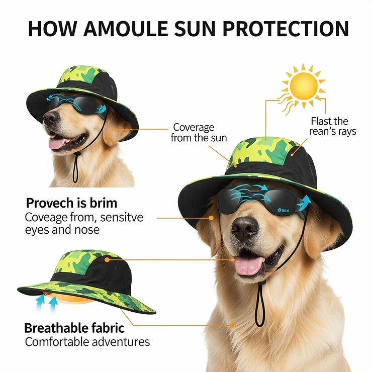 An infographic-style illustration demonstrating how a fishing hat for dogs provides ample sun protection for a dogs face and eyes.