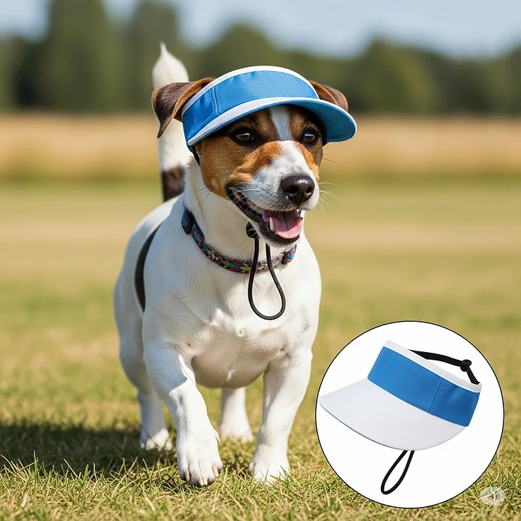 A sporty Jack Russell Terrier wearing a blue and white visor-style fishing hat for dogs, perfect for active pets.