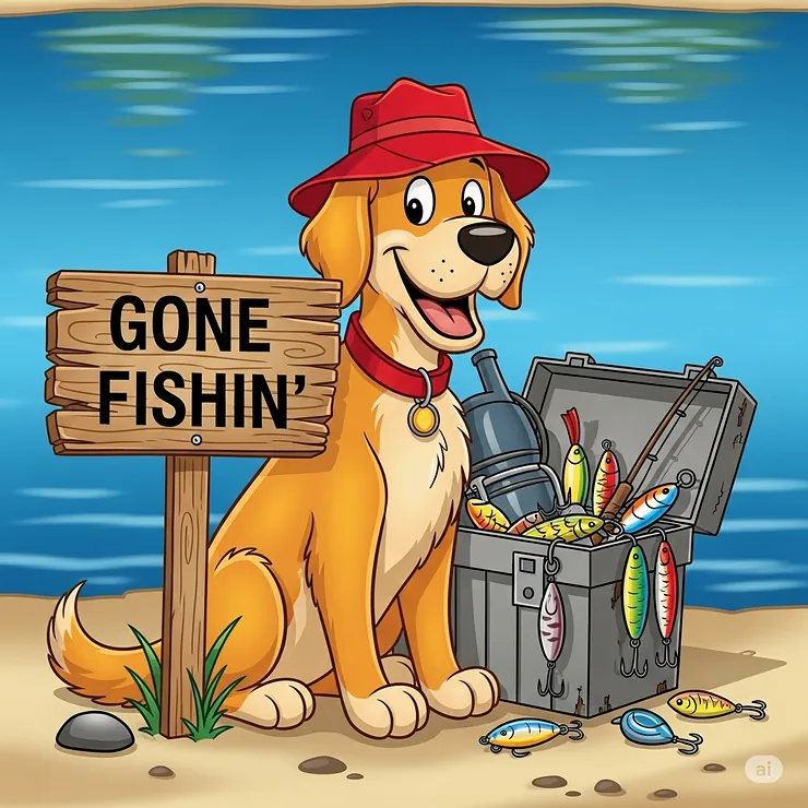 A charming cartoon of a dog in a fishing hat sitting next to a Gone Fishin\ sign and a tackle box, ready for a day by the water.