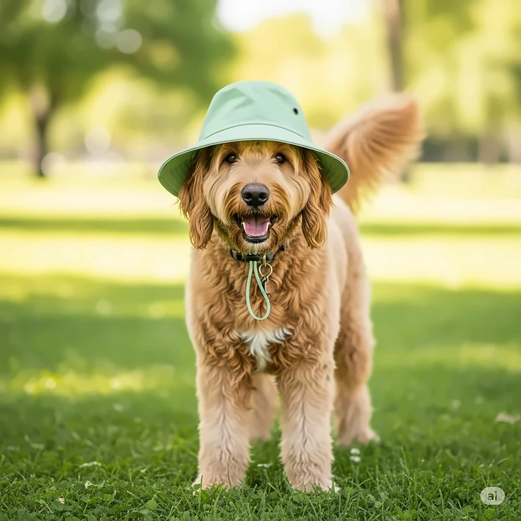 A playful Goldendoodle looks playfully at the camera while wearing a light-green fishing hat for dogs in a grassy park.