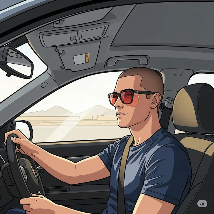 Illustration of a man driving, wearing red sunglasses that offer excellent glare reduction and style for the road.