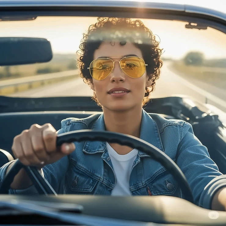 Woman confidently driving with yellow aviator sunglasses, showcasing comfortable fit and clear vision.