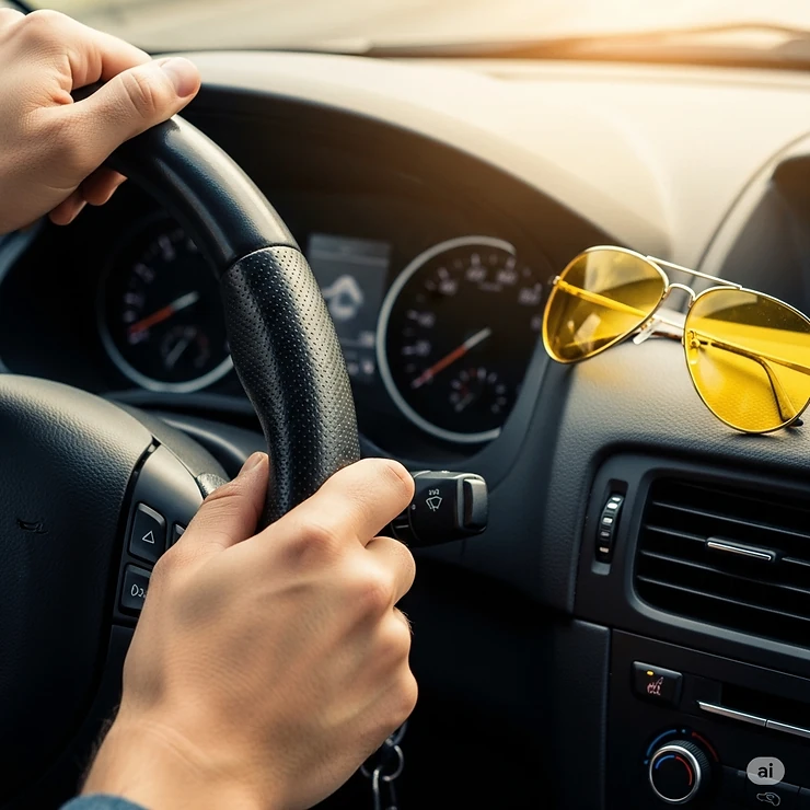 Hands on a steering wheel with yellow lens aviator sunglasses on the dashboard, suggesting their use for improved driving visibility.