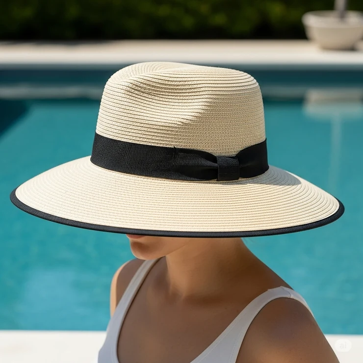 An elegant wide-brimmed pool hat in a neutral tone, adorned with a stylish ribbon, offering maximum sun coverage.