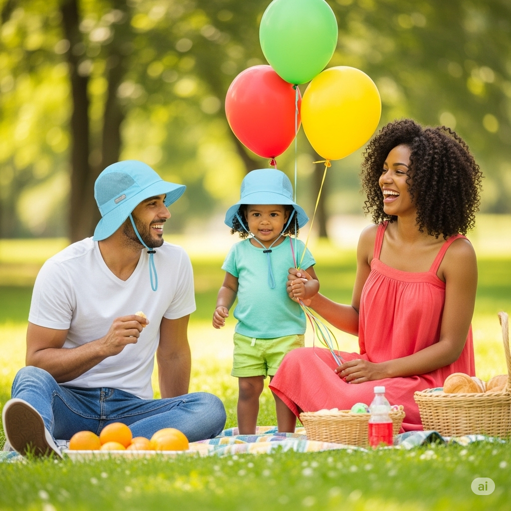 A happy family enjoying a sunny day outdoors, with one member wearing a practical soaker hat, illustrating its use for general outdoor enjoyment.