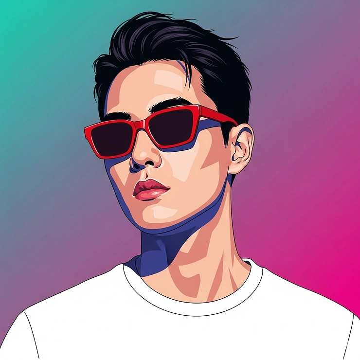 Illustration portrait of a stylish man modeling fashionable red sunglasses, emphasizing modern eyewear trends.