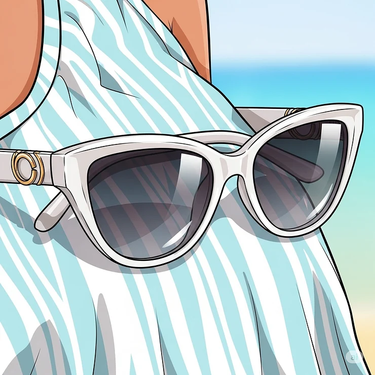 Close-up illustration of fashionable white sunglasses complementing a chic summer outfit, highlighting a trendy accessory.