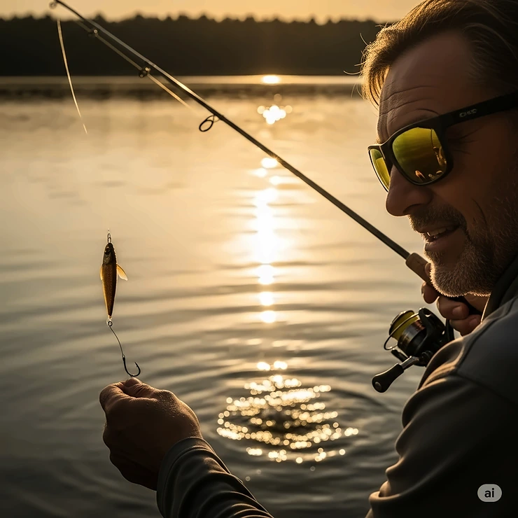 Angler wearing yellow tint sunglasses while fishing, illustrating their usefulness for improved visibility on the water.