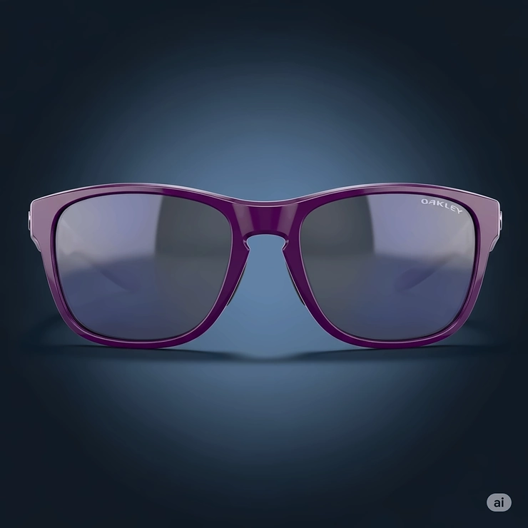 Crystal clear front view of a pair of purple Oakley sunglasses, showcasing the frame's intricate details and lens clarity.