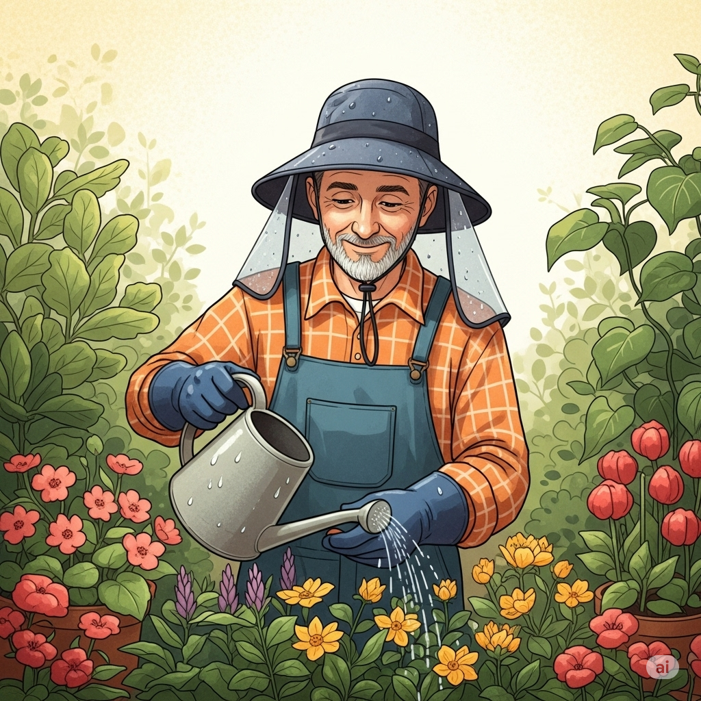 An illustration of a gardener comfortably wearing a soaker hat while tending to plants, emphasizing its utility for prolonged outdoor exposure.