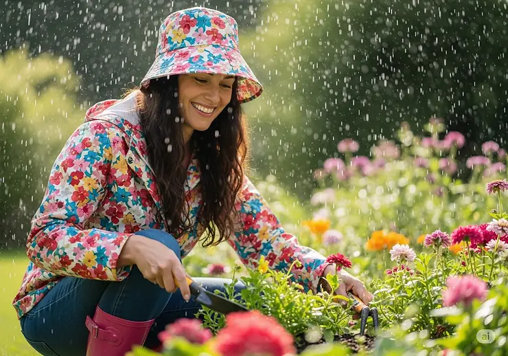A woman joyfully gardening in a light shower, her face shielded by a practical and waterproof bucket-style womens rain hat.