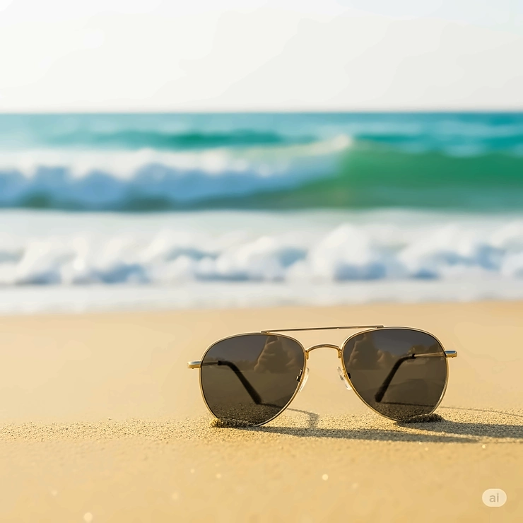 Gold frame sunglasses resting on a sandy beach, with ocean waves in the background, evoking a sense of leisure and summer style.
