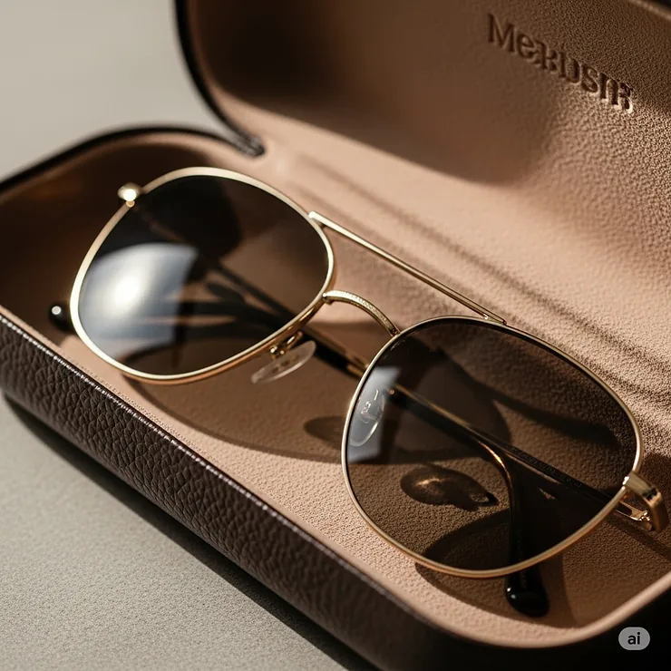 Gold frame sunglasses neatly placed inside a protective leather case, emphasizing the importance of keeping your eyewear safe.