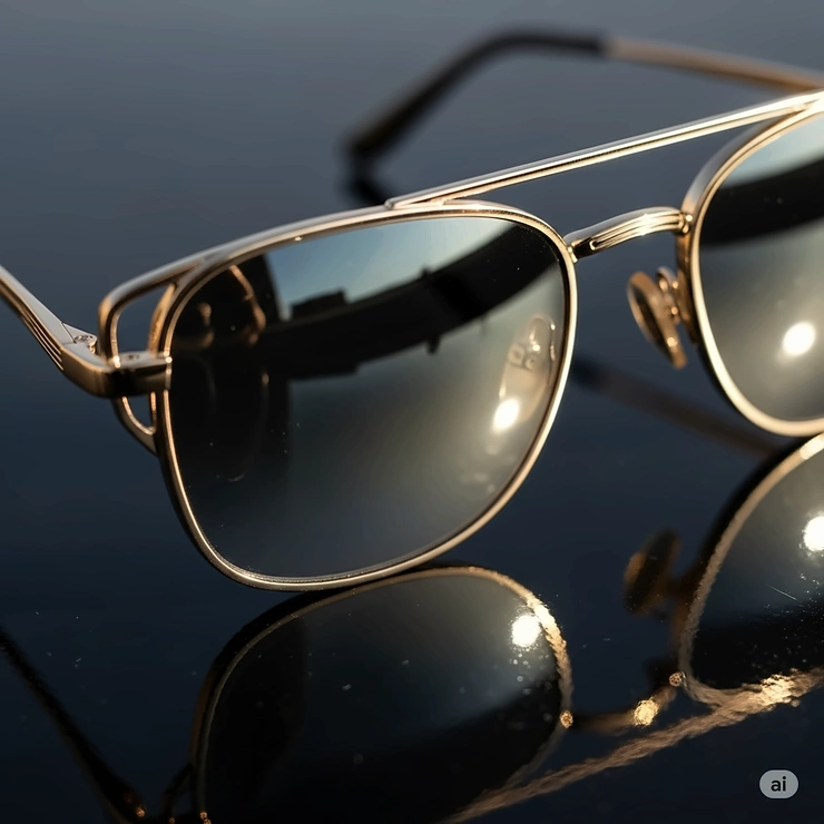 A close-up of stylish gold frame sunglasses resting on a reflective surface, highlighting their elegant design and reflective lenses.