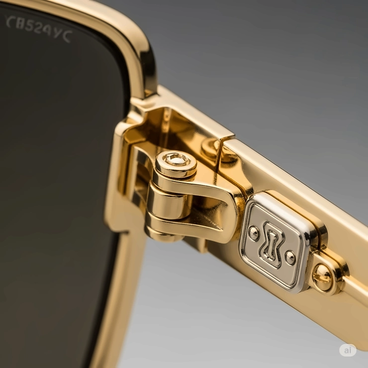 Detailed close-up of the finely crafted hinge and metallic accents on a pair of premium gold sunglasses, emphasizing quality.