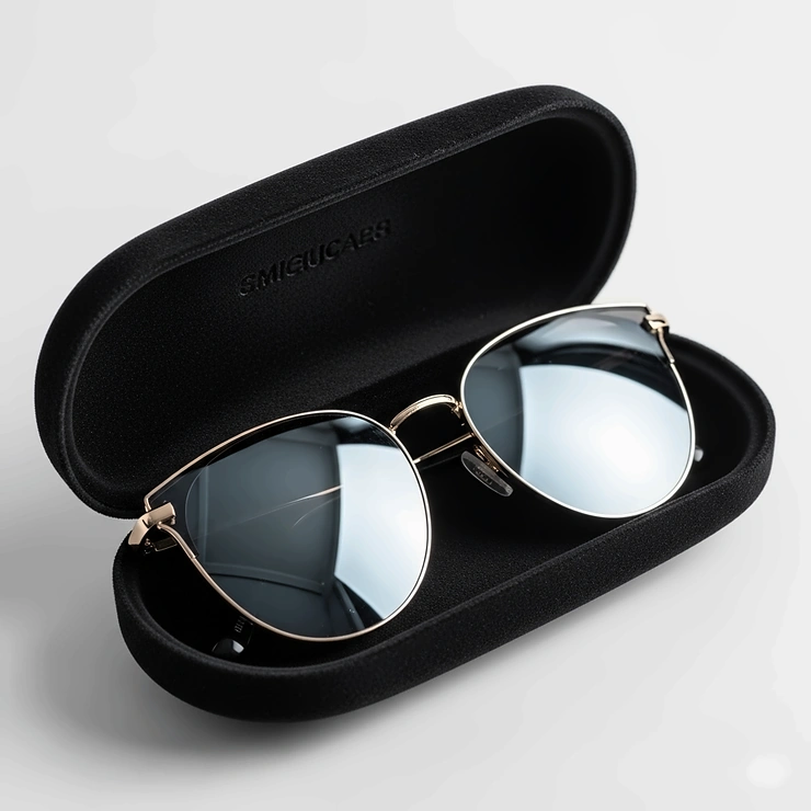 A pair of sleek gold sunglasses nestled safely inside a stylish protective case, highlighting the importance of proper storage.