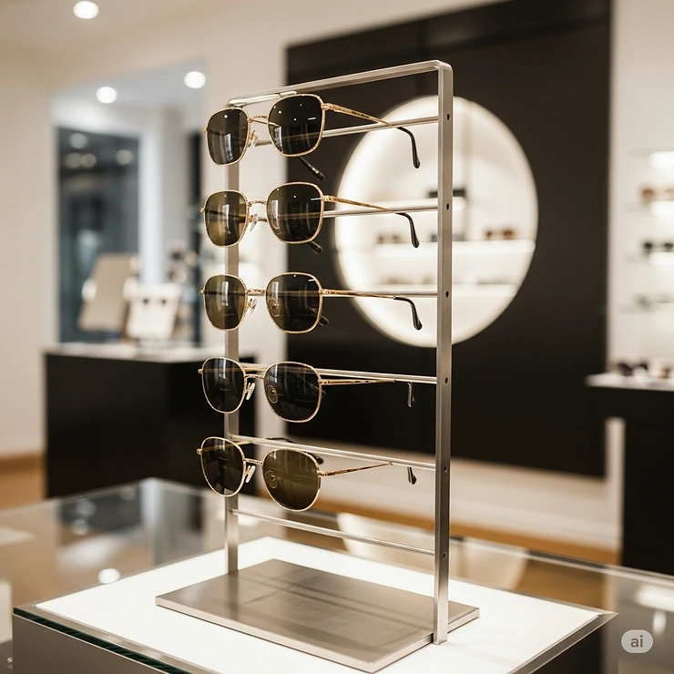 Elegant gold sunglasses neatly arranged on a modern display stand in a boutique, ready for customers to try on.