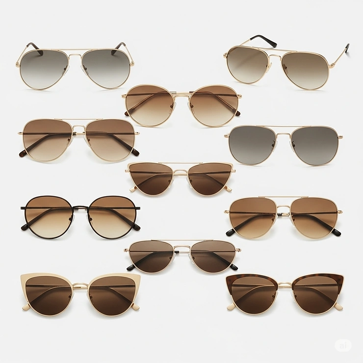 A diverse collection of gold sunglasses in various popular styles including aviator, round, and cat-eye, offering options for every face shape.