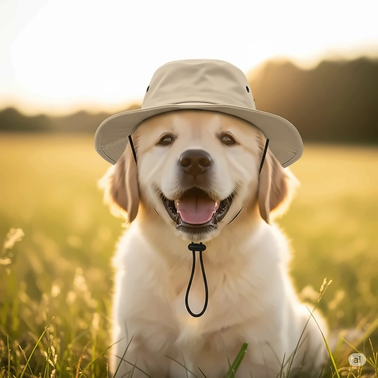 A smiling Golden Retriever puppy safely enjoying the sun in a classic beige fishing hat for dogs with a wide brim.