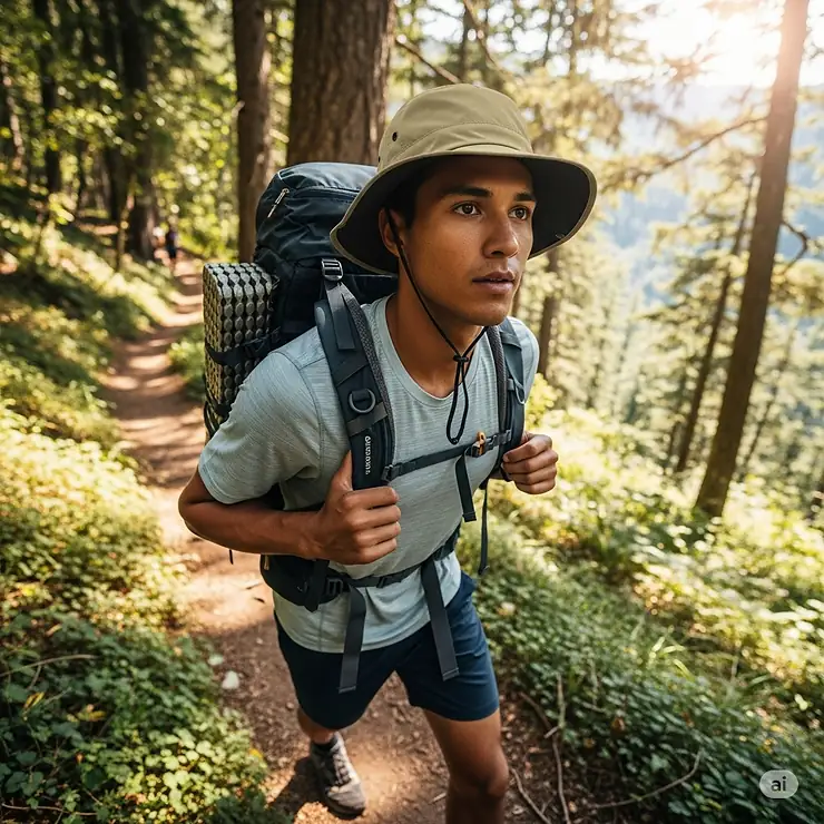 Someone hiking on a trail, wearing a durable and breathable short brim bucket hat for sun protection.