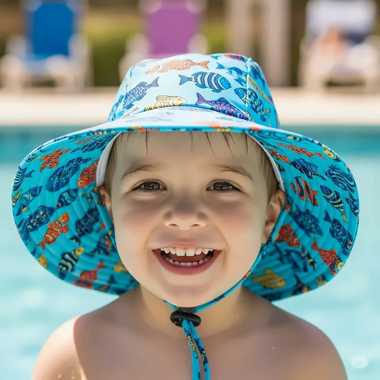 A happy child wearing a vibrant, fish-patterned pool hat, designed for comfort and sun safety during swim time.