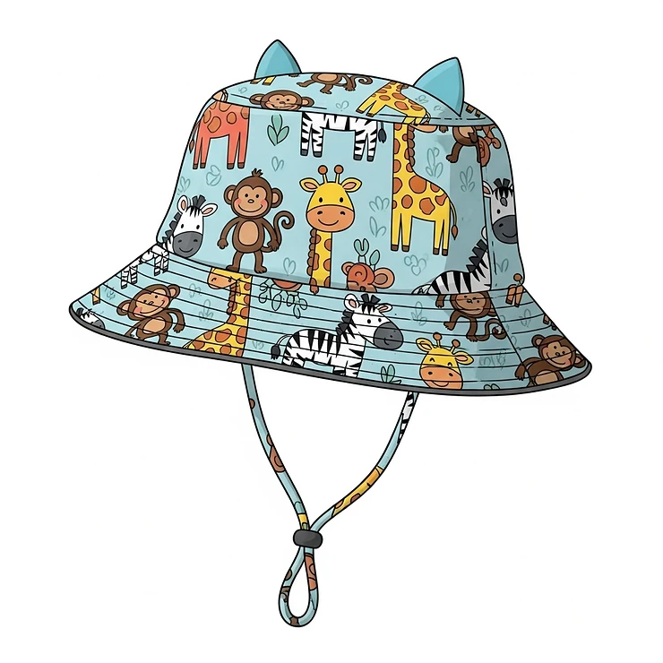 An illustration of a playful bucket hat with a fun animal pattern, perfect for keeping kids protected and stylish during summer outdoor activities.