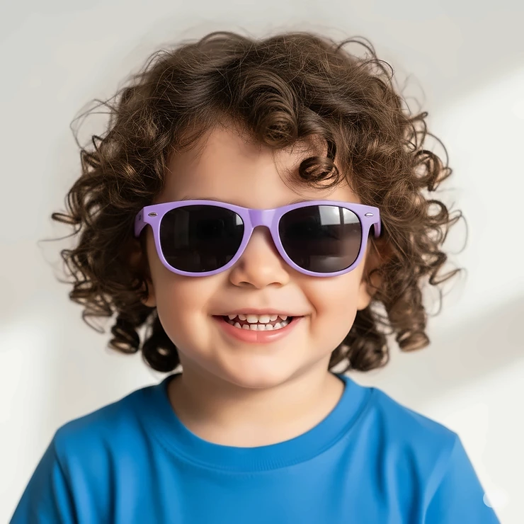 Adorable child smiling while wearing fun and protective purple color sunglasses.