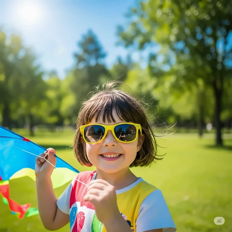 Happy child playing in a park, wearing fun yellow frame sunglasses for sun protection.