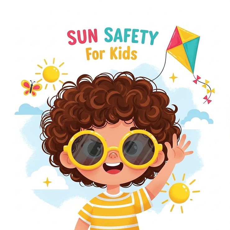 Playful illustration of a child wearing cute yellow sunglasses, emphasizing fun and sun protection for kids.