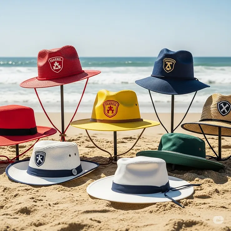 Collection of classic lifeguard hats displayed on a beach, showcasing various styles and colors for sun protection.
