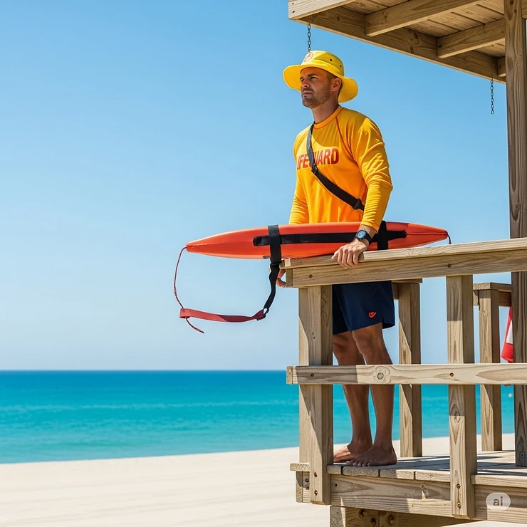 Lifeguard on duty atop a tower, wearing a durable lifeguard hat designed for optimal visibility and sun defense.